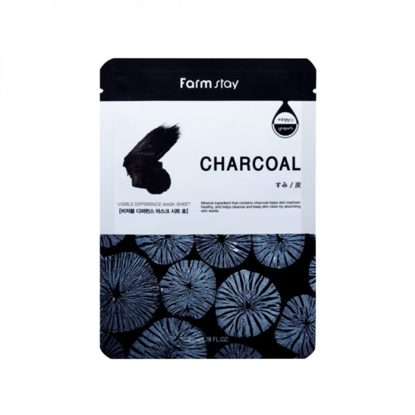 Farmstay charcoal visible difference mask sheet packaging with a sleek black and blue design highlighting its main ingredient and promising skin benefits.