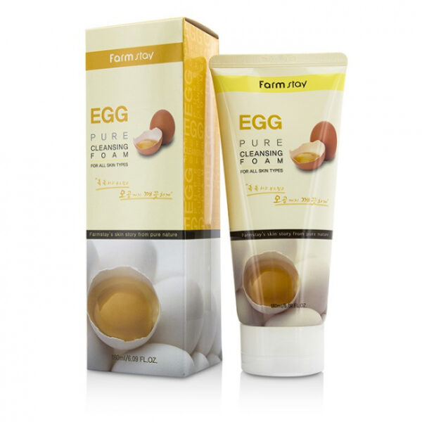 Egg-themed skin care products by farm stay, featuring cleansing foam designed for all skin types, with packaging that highlights the natural egg extract ingredient.