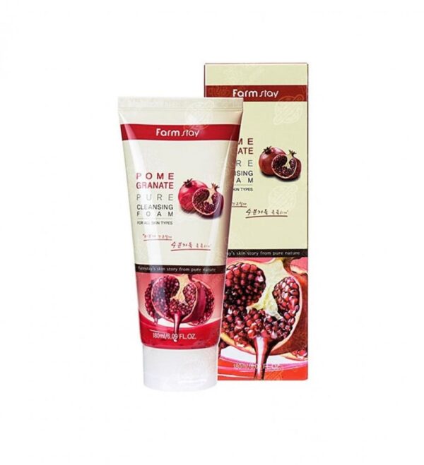 A tube of farm stay pomegranate pure cleansing foam alongside its packaging box, featuring images of pomegranates to highlight the product's natural ingredient.