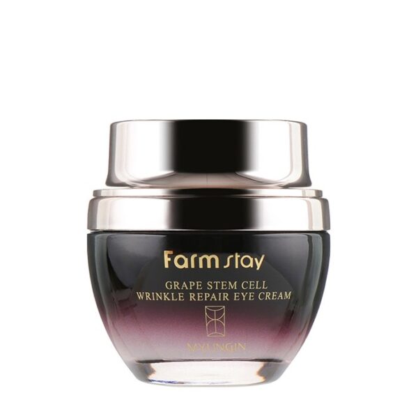 Elegant jar of farm stay grape stem cell wrinkle repair eye cream on a white background.