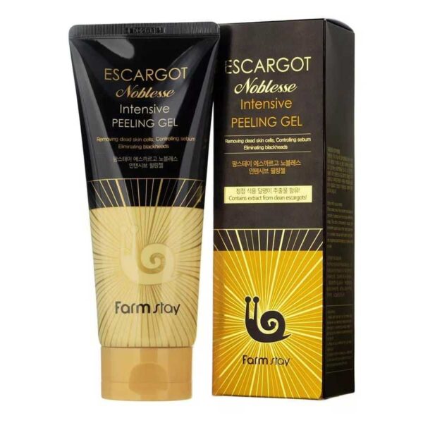 A tube and box of farmstay escargot noblesse intensive peeling gel, a skincare product that presumably contains snail extract and is designed for skin exfoliation and care.