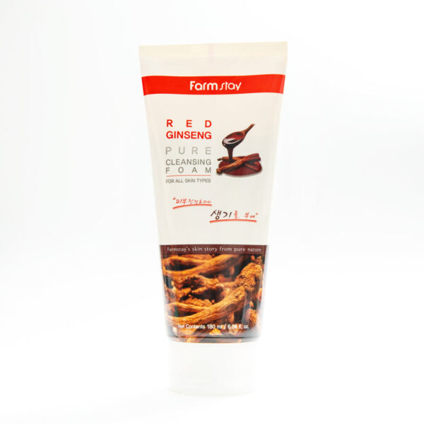 A tube of farm stay red ginseng pure cleansing foam against a white background.