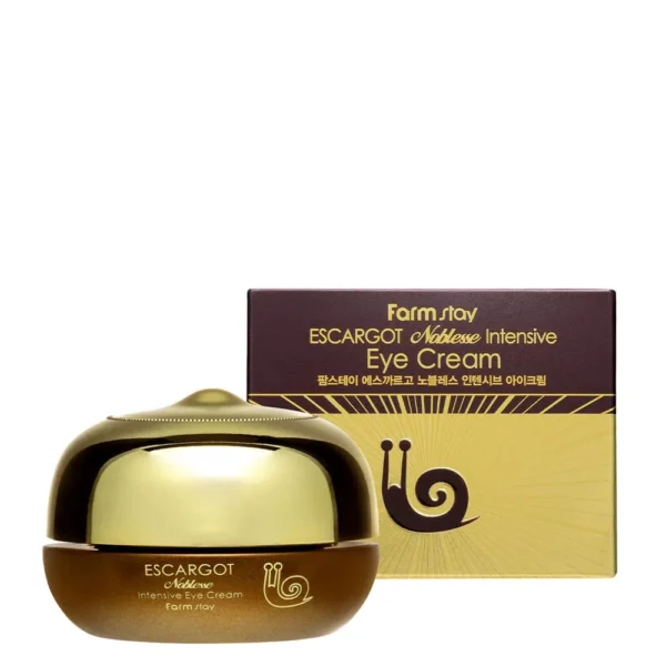 A jar of farm stay escargot noblesse intensive eye cream with its packaging box. the product features a snail symbol, highlighting the use of snail extract as a key ingredient.