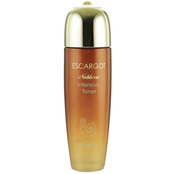 A bottle of FARMSTAY ESCARGOT NOBLESSE INTENSIVE TONER, designed for skin care, featuring a gradient from transparent to a deep amber hue, topped with a gold and green cap.