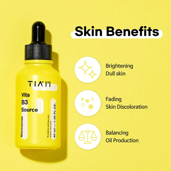 A bright yellow TIAM Vita B3 Source bottle with a dropper on a sunny background, highlighting its skin benefits: brightening dull skin, fading discoloration, and balancing oil production.