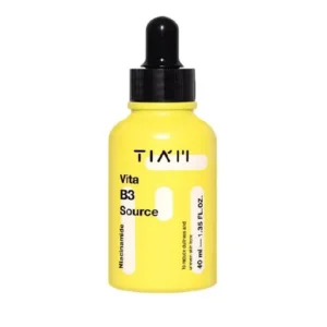 Dumsan A bright yellow bottle of TIAM Vita B3 Source with a black dropper cap. The label features text in black, including "TIAM Vita B3 Source" and "Niacinamide", along with the volume, "40 ml | 1.35 FL. OZ.