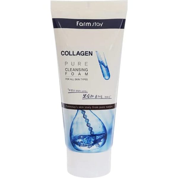 A tube of farmstay collagen cleansing foam, advertised for all skin types and featuring an image of a water droplet to symbolize purity and hydration.