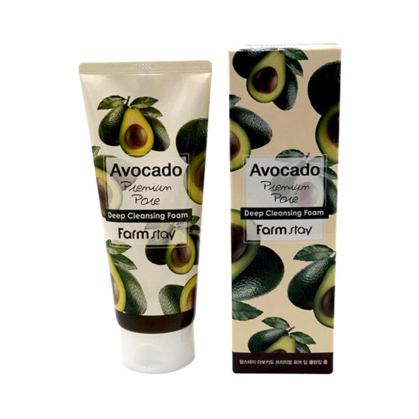 A tube and box of farm stay avocado premium pore deep cleansing foam, featuring images of avocado slices and leaves against a white background.