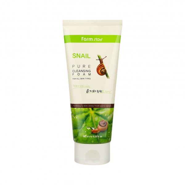 A tube of farm stay snail pure cleansing foam product for all skin types, promising fresh and shiny skin from snail mucus extract.