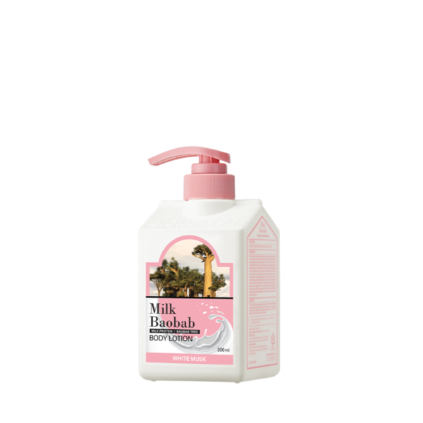 Dumsan A white bottle of Milk Baobab Body Lotion, White Musk, 500ml with a pink pump dispenser. The front label features an image of baobab trees and text stating "Milk Baobab Body Lotion" and "White Musk." The bottle contains 500 ml of product.